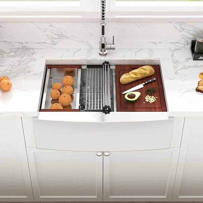 Sarlai 30 Stainless Farmhouse Sink Double Bowl - 30x22 Inch Kitchen Sink Apron Front Ledge Workstation Double Bowl 60/40 16 Gauge Stainless Steel Low Divide Farmer Kitchen Sink Basin