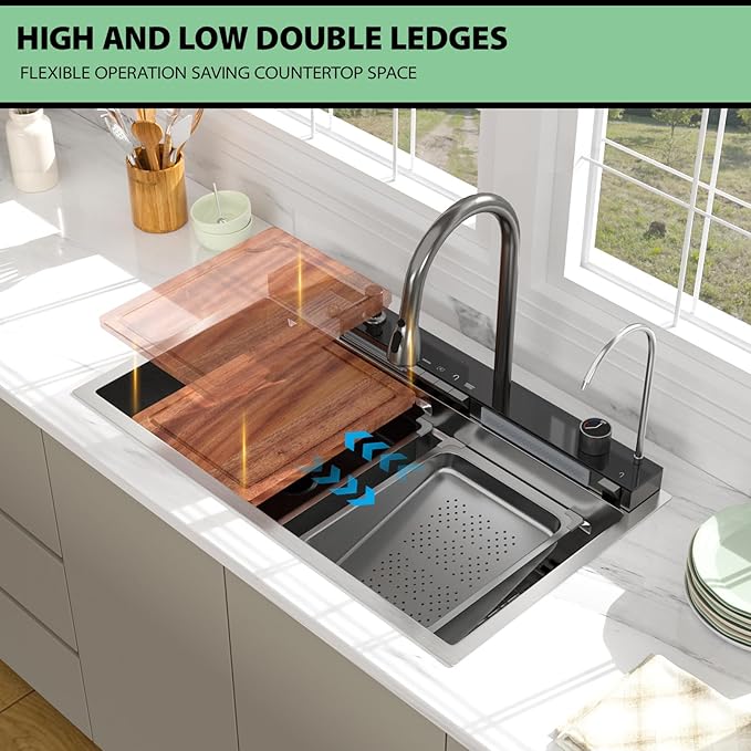33 Inch Waterfall Kitchen Sink - Beslend 33x19 Drop In Waterfall Sink Stainless Steel Workstation Modern Smart Sinks 16-Gauge Single Bowl with Faucet, Digital Display and Fancy Ambient Light