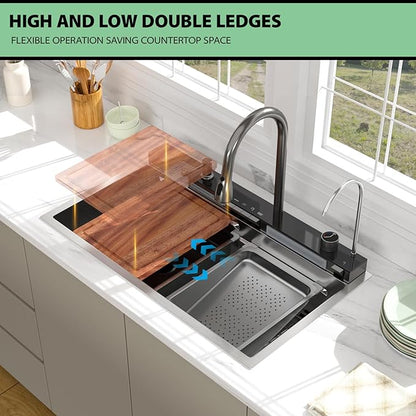 33 Inch Waterfall Kitchen Sink - Beslend 33x19 Drop In Waterfall Sink Stainless Steel Workstation Modern Smart Sinks 16-Gauge Single Bowl with Faucet, Digital Display and Fancy Ambient Light