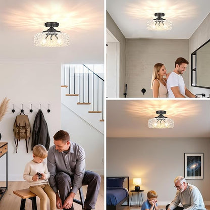 Daunton Black Semi Flush Mount Ceiling Light, 3-Light Ceiling Light with Hammered Glass, Vintage Hallway Lights, Closet Light Fixture, Kitchen Flush Ceiling Mount for Entryway Bedroom Bathroom,E12