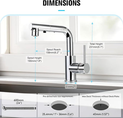 CREA Single Handle Bar Faucet with Pull Out Sprayer - Chrome,3 Hole, Deck Plate,Mini Prep Faucet for Kitchen,Bathroom and Outdoor Use