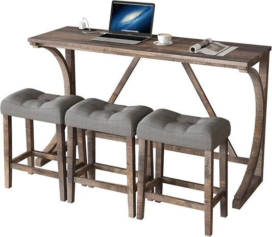 HMFULE 4 Piece Bar Table Set with Power Outlet, 59'' Dining Bar Table and Chairs Set, Industrial Breakfast Table with 3 Padded Stools for Living Room Dining Room Game Room Brown