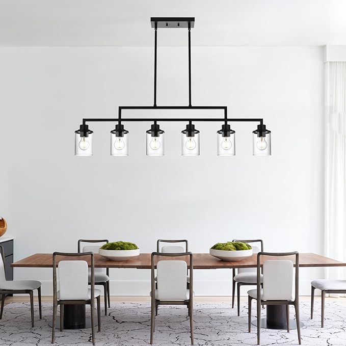 Yaohong 6-Light Black Linear Chandelier for Dining Room, Farmhouse Kitchen Island Light Fixture with Clear Glass Shades, Adjustable Ceiling Hanging Light for Dining Table and Living Room