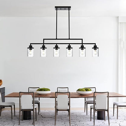 Yaohong 6-Light Black Linear Chandelier for Dining Room, Farmhouse Kitchen Island Light Fixture with Clear Glass Shades, Adjustable Ceiling Hanging Light for Dining Table and Living Room
