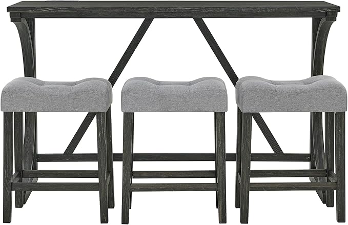 Merax 59 Inch Industrial Bar Table Set with Power Outlet, 3 Linen Upholstered Stools, Counter Height Table Set with 24 Inch Seat Height Stools for Kitchen, Living Room,Black+Light Gray