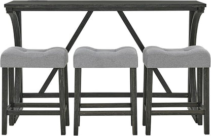 Merax 59 Inch Industrial Bar Table Set with Power Outlet, 3 Linen Upholstered Stools, Counter Height Table Set with 24 Inch Seat Height Stools for Kitchen, Living Room,Black+Light Gray