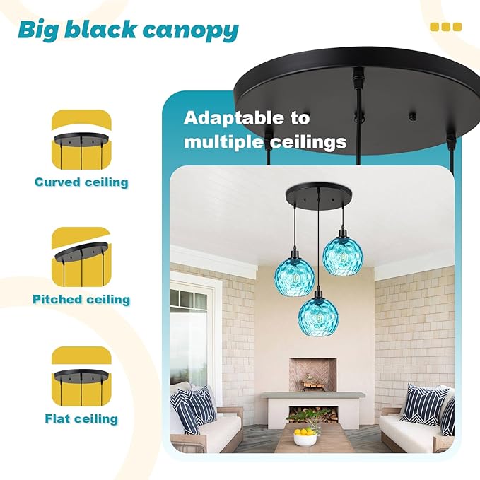 Mid-Century Modern Cluster Pendant Light, 3-Light Adjustable Chandelier with Blue Hammered Glass Globe Shades, Kitchen Island Pendant Lighting for Dining Room, Breakfast Nook, Living Room
