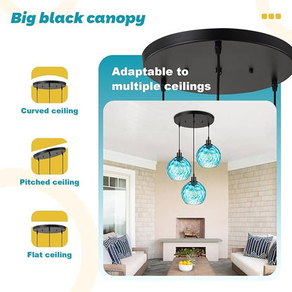 Mid-Century Modern Cluster Pendant Light, 3-Light Adjustable Chandelier with Blue Hammered Glass Globe Shades, Kitchen Island Pendant Lighting for Dining Room, Breakfast Nook, Living Room