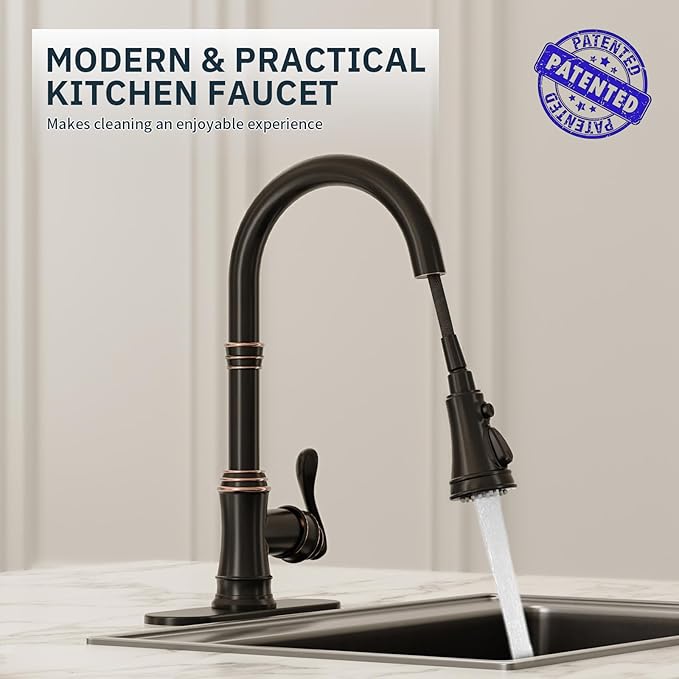BWE Solid Brass Kitchen Faucet, Oil Rubbed Bronze Kitchen Sink Faucet with Pull Down Sprayer, 3 Spray Modes, Single Handle High Arc, with Deck Plate, Commercial/Farmhouse/Bar Sink Faucet