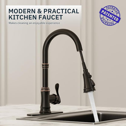 BWE Solid Brass Kitchen Faucet, Oil Rubbed Bronze Kitchen Sink Faucet with Pull Down Sprayer, 3 Spray Modes, Single Handle High Arc, with Deck Plate, Commercial/Farmhouse/Bar Sink Faucet