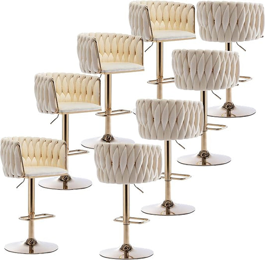 Rhomtree 24-32 Inch Swivel Bar Stools, Adjustable Counter Height Barstools with Nailheads Trim, Velvet Woven Tufted Back and Golden Footrest, Upholstered Bar Chairs Bar Kitchen Island(Ivory Set of 8)