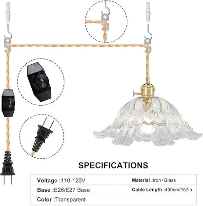 Plug in Pendant Light Fixtures,Hanging Light Fixture Flower Transparent Glass Pendant Light 11 inch E26 Pendant Lighting for Kitchen Island, Bedroom, Dining Room, Living Room