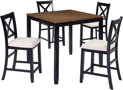 5 Piece Counter Height Dining Set with 4 Chairs, Classic Wooden Table for 4, Farmhouse Style Dining Room Set for Kitchen, Black and Oak Two Tone