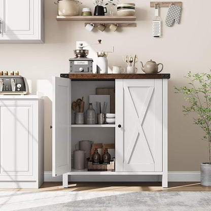 GarveeHome Small Storage Cabinet, Farmhouse Sideboard Buffet Cabinet with 2 Doors and Adjustable Shelves, Accent Entryway Console Cabinets for Living Room, Dining Room (White+Brown, 2 Pieces)