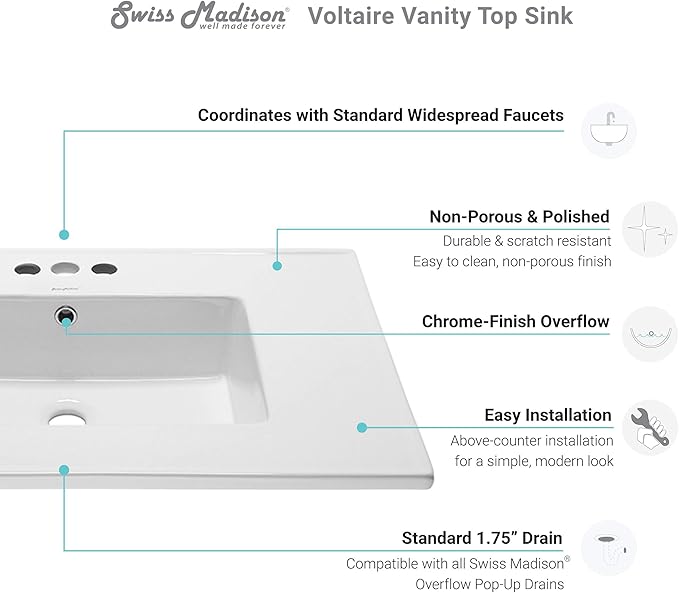 Swiss Madison Well Made Forever SM-VT328-3 Voltaire Vanity Top Sink, with 3" Centerset Faucet Holes