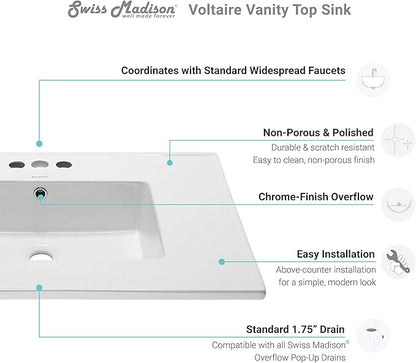 Swiss Madison Well Made Forever SM-VT328-3 Voltaire Vanity Top Sink, with 3" Centerset Faucet Holes