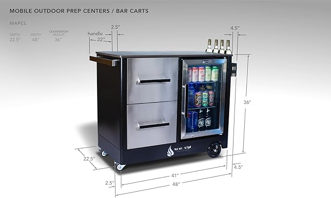 Mont Alpi Stainless Steel 48"W x 22.5"D x 36"H Large Outdoor Kitchen Island Rolling Bar Cart Prep Table Grill Station with Ceramic Top & Beverage Refrigerator + Storage Drawers + Portable Ice Cooler