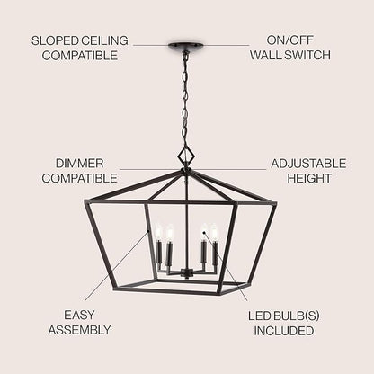 JONATHAN Y 23" Oil Rubbed Bronze 4-Light Rustic Glam Adjustable Iron LED Pendant, Open Cage Lantern Hanging Light for Dining Room, Kitchen Island, Foyer, Farmhouse French Country (JYL7520B)