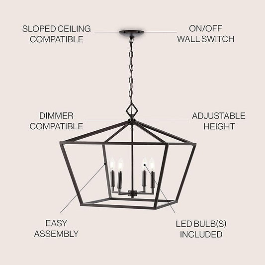 JONATHAN Y 23" Oil Rubbed Bronze 4-Light Rustic Glam Adjustable Iron LED Pendant, Open Cage Lantern Hanging Light for Dining Room, Kitchen Island, Foyer, Farmhouse French Country (JYL7520B)