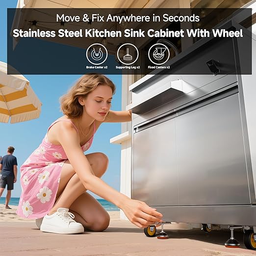 BODEGA Stainless Steel Commercial Restaurant Sinks Cabinet and Outdoor Kitchen Cabinet for Refrigerator Combo, Freestanding Utility Sink with Brake-Wheels & Spice-Rack, for Home, Kitchen, RV.