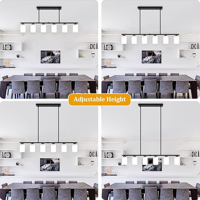 45.27'' Modern Farmhouse Kitchen Island Light, 6-Light Island Lights for Kitchen, Dining Room Light Fixture, Black Hanging Pendant Light with Milk Glass Shade, Linear Chandelier with Adjustable Rod