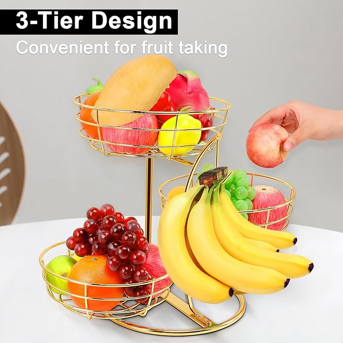 Livabber Fruit Basket Bowl with Banana Hanger, Fruit Vegetable Storage Basket with Banana Tree Holder for Kitchen Counter, Detachable Organizer for Bread Snack Produce (Gold, 3-Tier Metal Base)