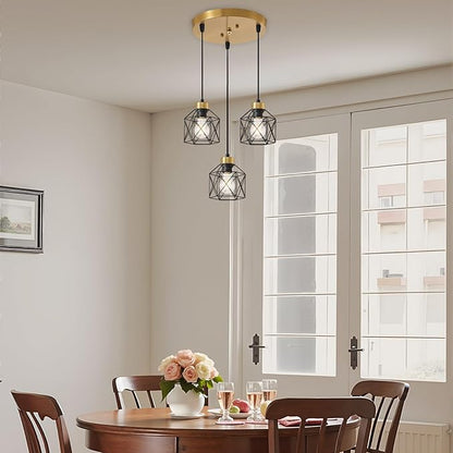 Black and Gold 3-Light Pendant Light Fixture, Farmhouse Hanging Pendant Lighting, Dining Room Chandelier, Industrial Kitchen Island Hanging Light Fixture, Metal Cage Pendant Ceiling Lamp for Kitchen