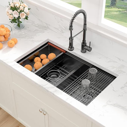 Sarlai 33 Inch Black Undermount Kitchen Sink Double Bowl 33 x 19 Inch Low Divided Gunmetal Black Workstation Double Kitchen Sink Stainless Steel 16 Gauge 50/50 Sinks Basin