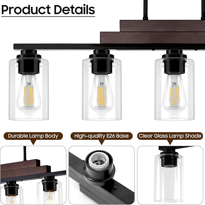 Dining Room Light Fixture Over Table, 5-Light Farmhouse Chandeliers for Dining Room Hanging, Linear Pendant Lights Kitchen Island Lighting, Wood Ceiling Light Fixture with Clear Glass Shade, Black