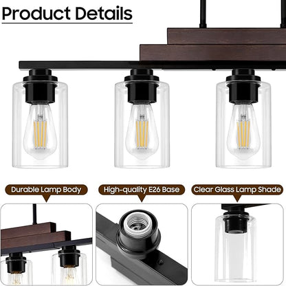 Dining Room Light Fixture Over Table, 5-Light Farmhouse Chandeliers for Dining Room Hanging, Linear Pendant Lights Kitchen Island Lighting, Wood Ceiling Light Fixture with Clear Glass Shade, Black