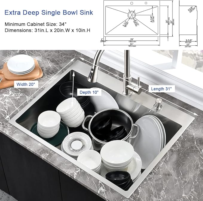 Stainless Steel Kitchen Sink Drop In-Hovheir 31x20 Inch Drop In Top Mount Kitchen Sinks 16 Gauge Stainless Steel Deep Sink Single Basin Overmount Sinks with Cutting Board