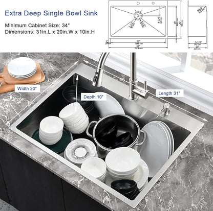 Stainless Steel Kitchen Sink Drop In-Hovheir 31x20 Inch Drop In Top Mount Kitchen Sinks 16 Gauge Stainless Steel Deep Sink Single Basin Overmount Sinks with Cutting Board