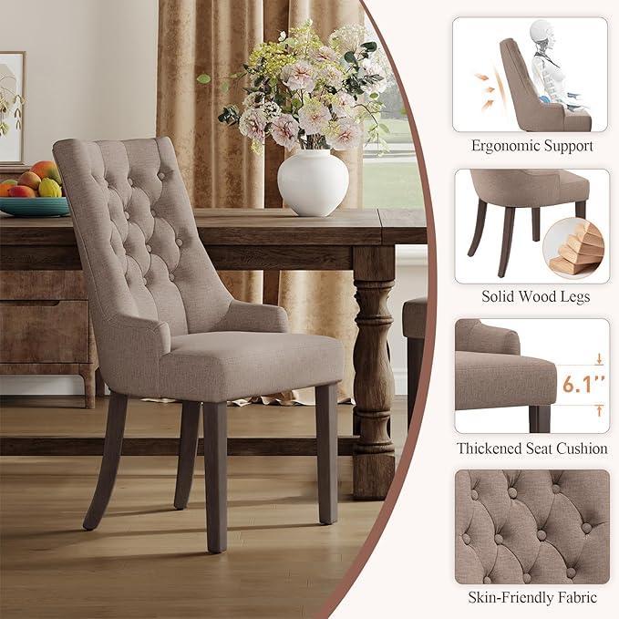 COLAMY Wingback Upholstered Dining Chairs Set of 2, Fabric Side Dining Room Chairs with Tufted Button, Living Room Chairs for Home Kitchen Resturant- Taupe