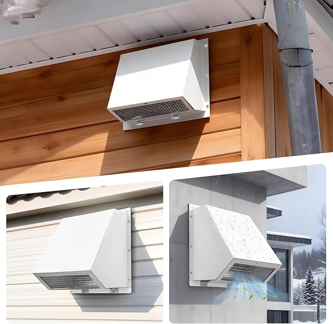 10 Inch Hooded Wall Vent with Screen and Damper, 10 Inch Range Hood Wall Vent Cap, Wall Exhaust Vent Cover, Outdoor Hooded Wall Vent for Dryer Vent, Outside Exterior Mount, Range Hood, Kitchen, White