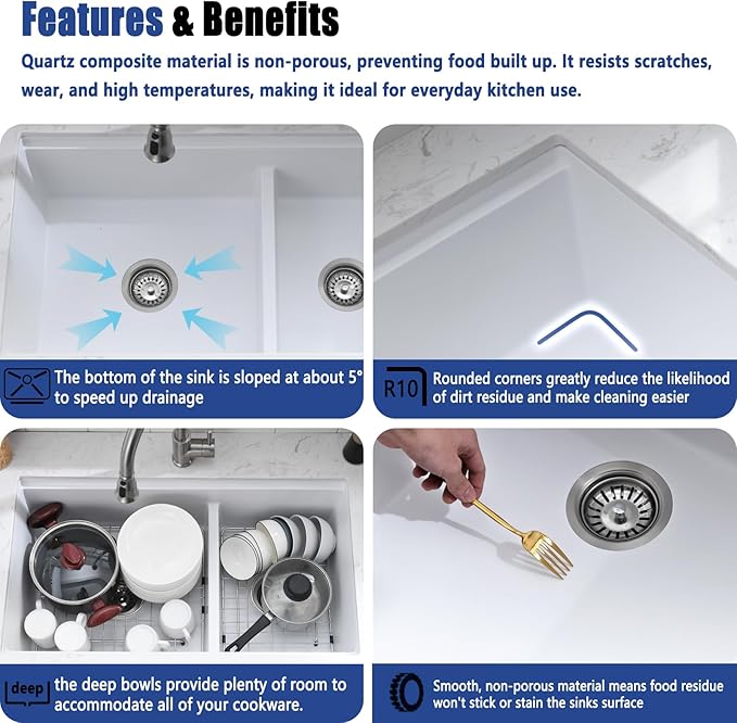33x19 White Double Bowl Kitchen Sink Undermount - 33 Inch White Undermount Granite Kitchen Sink, Double Bowl Granite Sink Workstation with Accessories