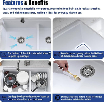 33x19 White Double Bowl Kitchen Sink Undermount - 33 Inch White Undermount Granite Kitchen Sink, Double Bowl Granite Sink Workstation with Accessories