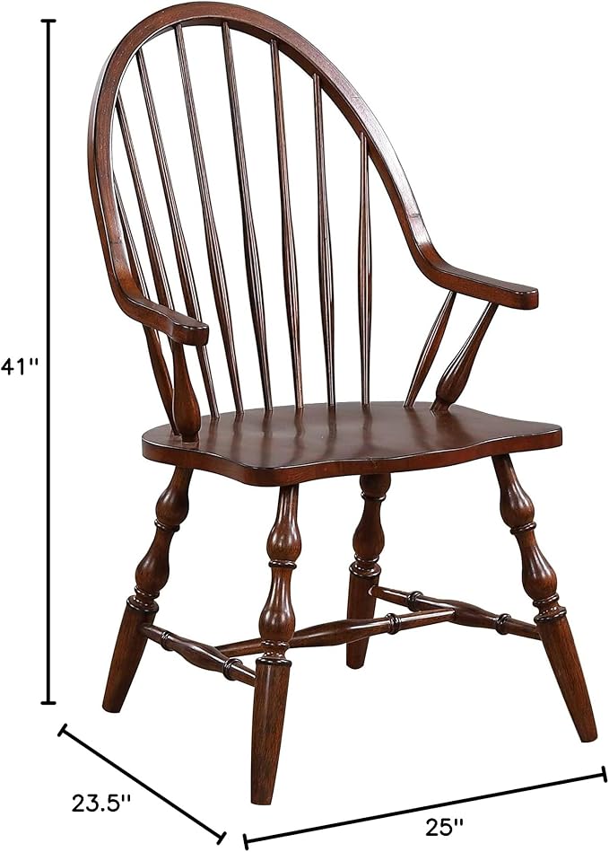 Sunset Trading Andrews Windsor Spindleback Dining Chair with Arms | Fully Assembled Kitchen Armchair| Modern Farmhouse Minimalist Country Cottage | Distressed Chestnut Brown Solid Wood