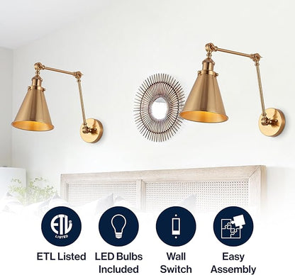 JONATHAN Y 7" Brass Gold Classic Industrial Metal Adjustable Arm LED Wall Sconce for Bedside Reading, Farmhouse Swing Arm Wall Lamp with Metal Shade, Hardwired (JYL7461A-SET2)
