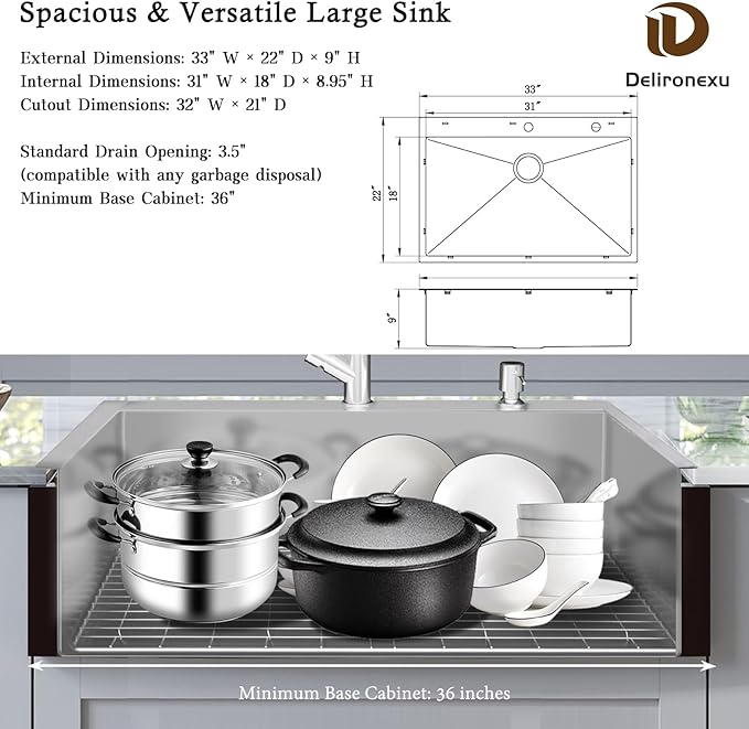 33x22 Drop In Kitchen Sink, Delironexu 18 Gauge 304 Stainless Steel Single Bowl Kitchen Sink, 33 Inch Top Mount Kitchen Sink, Kitchen Sink 33x22 Drop In with Bottom Grid & Drain Assembly