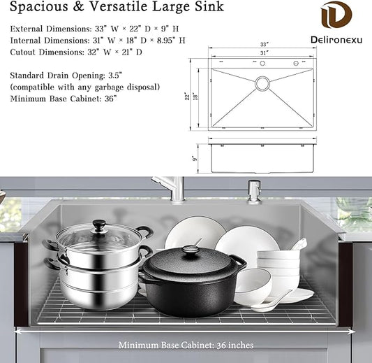 33x22 Drop In Kitchen Sink, Delironexu 18 Gauge 304 Stainless Steel Single Bowl Kitchen Sink, 33 Inch Top Mount Kitchen Sink, Kitchen Sink 33x22 Drop In with Bottom Grid & Drain Assembly