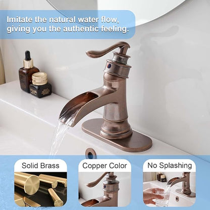 BWE Copper Bathroom Faucet Antique Brass Sink Vanity Bath Restroom Basin Single Handle Waterfall Rose Mixer Tap One Hole Lever Deck Mount Commercial