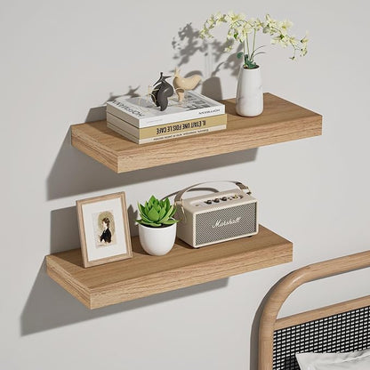 INHABIT UNION Oak Floating Shelves Wood for Wall 15.7in Wall Mounted Display Ledge Shelves Perfect for Bedroom, Bathroom, Living Room and Kitchen Decoration Storage (Set of 2)
