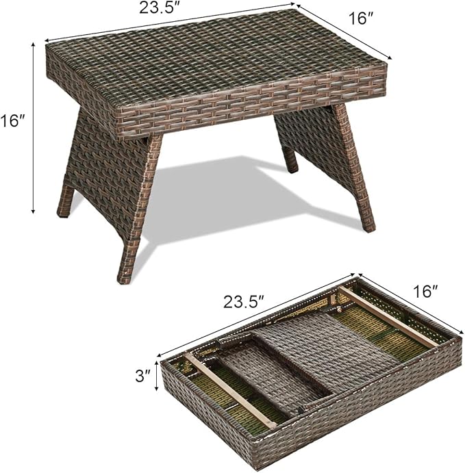 ReunionG Outdoor Patio Wicker Table, Portable Folding Table with Rattan and Steel Frame, Leisure Coffee Table, All Weather Standing Side Table for Lawn Garden, Courtyard, Poolside (Brown)