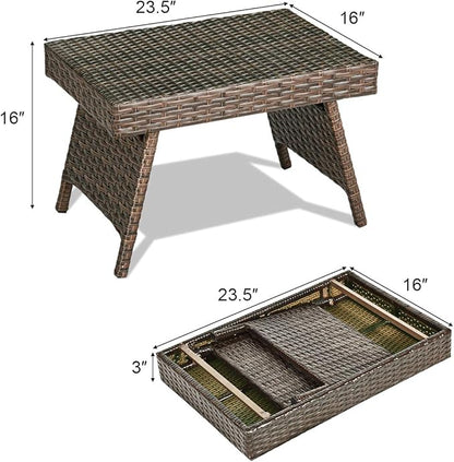 ReunionG Outdoor Patio Wicker Table, Portable Folding Table with Rattan and Steel Frame, Leisure Coffee Table, All Weather Standing Side Table for Lawn Garden, Courtyard, Poolside (Brown)