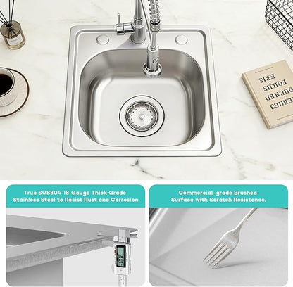 MILOSEN 15 x 15 inch Drop in Bar Sink, T304 Stainless Steel RV Kitchen Sinks, 8'' Deep Outdoor Single Bowl Wet Bar&Prep Small Topmount RV Sinks with Strainer, Brushed Nickel