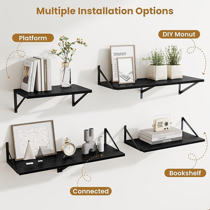 Acovy Deep Floating Shelves,55" Wx10 D Wood Wall Shelves Set of 2,Long Wood Floating Shelf with Metal Brackets,Floating Bookshelf for Living Room,Kitchen,Office,Bedroom,Decor Storage,Black