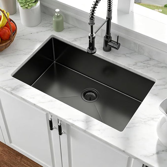 30 Inch Black Undermount Kitchen Sink - Oumuch 30x18 Undermount Stainless Steel Sink T304 18 Gauge kitchen Sinks Single Bowl Handmade Basin Under the Counter, 9" Deep