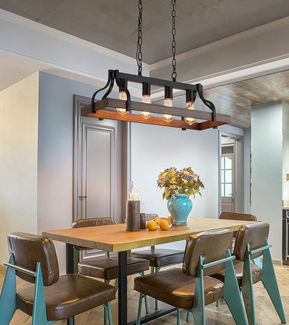 MEIXISUE Rustic Kitchen Island Dining Room Light Fixture Farmhouse Linear Chandelier Black and Retro Wood Finish 4-Light Industrial Metal Hanging Pendant Light UL Listed L28.3 W10.6