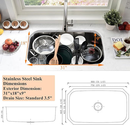 31 Inch Undermount Kitchen Sink Stainless Steel-Bokaiya 31x18 Stainless Steel Kitchen Sink Single Bowl 16 Gauge Large Corner Under Mount Sinks with Dish Grid
