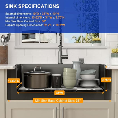 Dcolora 33x19 Black Kitchen Sink Drop In with Workstation Handed-Welding 16 Gauge 304 Stainless Steel Nano Coating Large Single Bowl Drop In Sink Top Mount 33”x19”x10” Matte Black,DC-TBW001